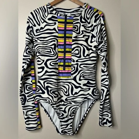 Trina Turk One Piece Zip Up Long Sleeve Swimsuit Zebra Print - Picture 1 of 5